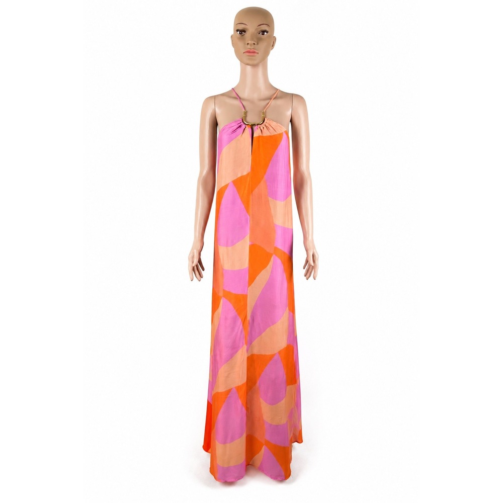 ViX Paula Hermanny Martinica Emily Silk Blend Maxi Dress Pink Orange US 0 XS